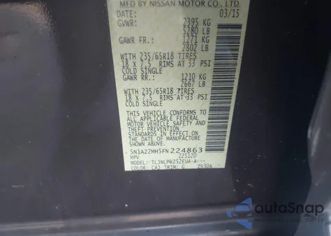 2015 Nissan Murano S z USA, uszkodzony, nr VIN 5N1AZ2MH5FN224863